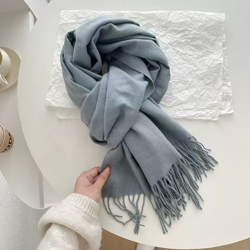 Women Solid Color Soft Thick Scarf, Haze Blue Long Tassel Wrap Shawl for Autumn Winter