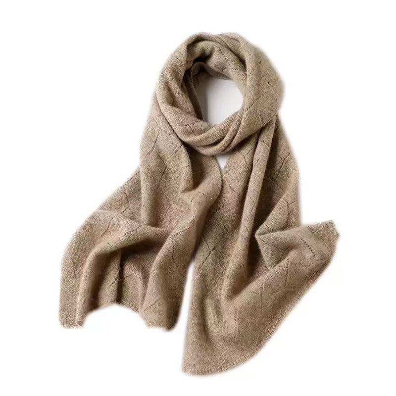 Oat Brown Diamond Hollow Knit Scarf, Soft Warm Winter Shawl