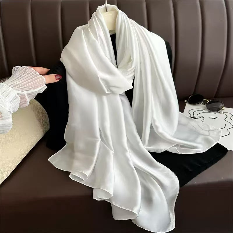 Solid White Satin Long Scarf, Elegant Glossy Sun Protection Shawl