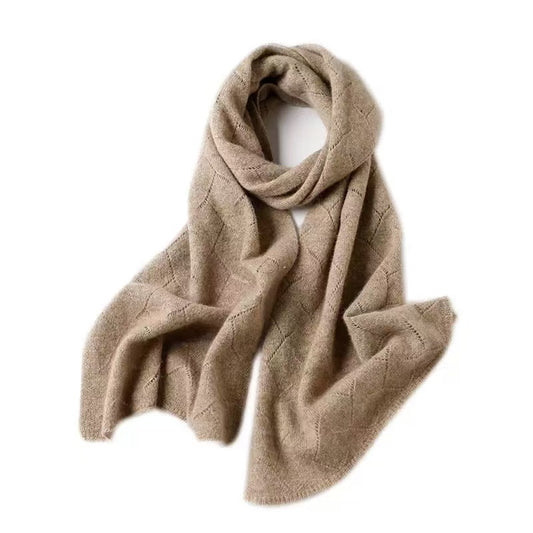 Oat Brown Diamond Hollow Knit Scarf, Soft Warm Winter Shawl